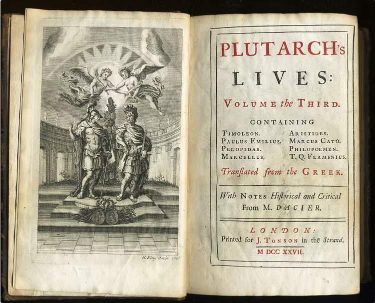 Tercer volumen de una edición de 1727 de las Vidas paralelas de Plutarco, impresa por Jacob Tonson. Wikimedia Commons